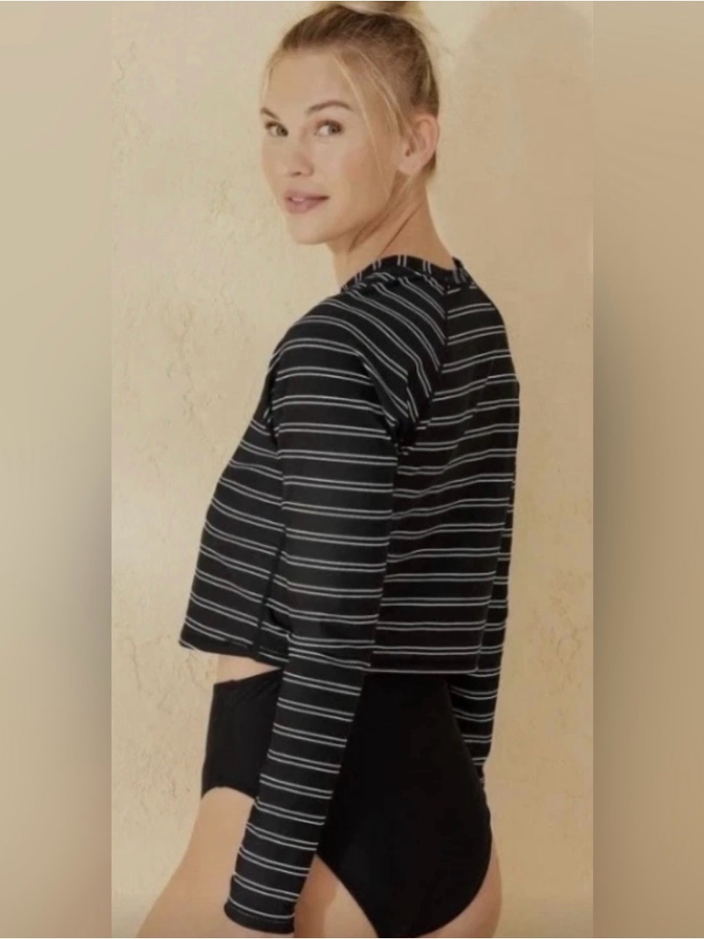 Shade & Shore Black Cropped Long-Sleeve Swim Top with White Stripes